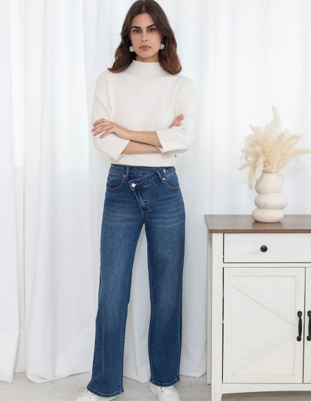 Jean femme évasé taille haute stretch confort à fermeture asymétrique du 34 au 42