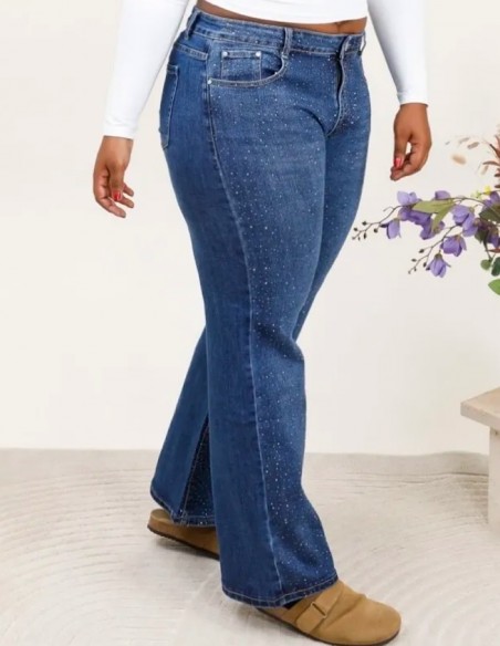 Jean bootcut grande taille femme denim bleu avec strass