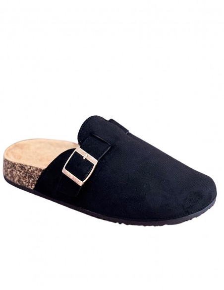 Sabots mules femme confort en suédine avec boucle - Semelle anatomique en liège