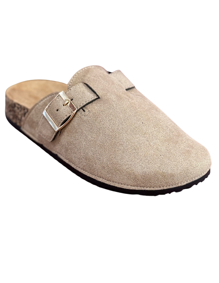 Sabots mules femme confort en suédine avec boucle - Semelle anatomique en liège