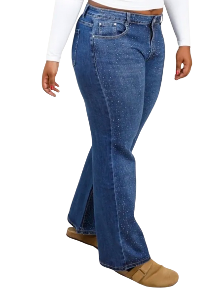 Jean bootcut évasé grande taille femme - Denim bleu stretch avec strass élégants et coupe flatteuse