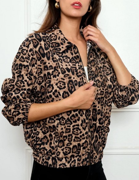Veste femme mi saison zippée imprimé léopard effet velours léger