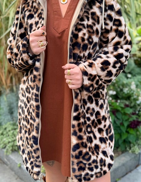 Imperméable réversible fourré femme beige et léopard - manteau imperméable tendance
