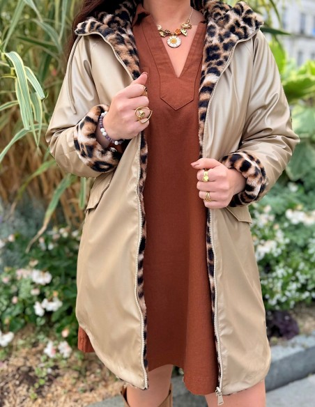 Imperméable réversible fourré femme beige et léopard - manteau imperméable tendance