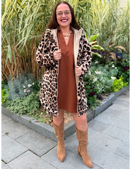 Imperméable réversible fourré femme beige et léopard - manteau imperméable tendance