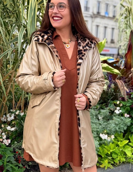 Imperméable réversible fourré femme beige et léopard - manteau imperméable tendance