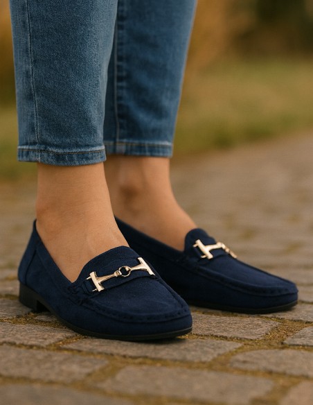 Mocassins femme grandes tailles 41 - 44 - Chaussures élégantes confort en daim avec bride métal doré