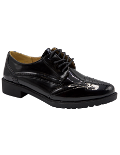 Derbies femme noires vernies semelle interieure cuir baskets elegantes talon carre a motifs