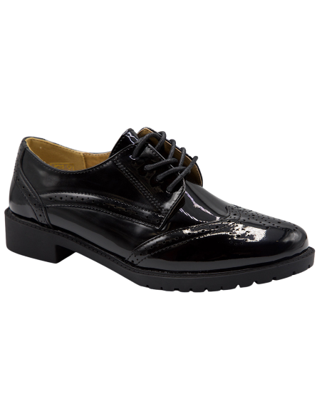 Derbies femme noires vernies semelle interieure cuir baskets elegantes talon carre a motifs