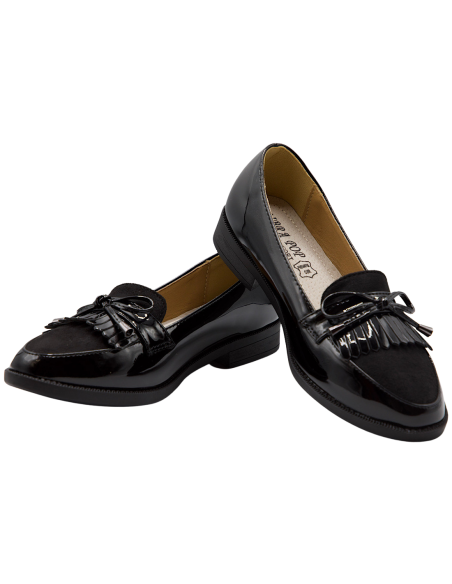 Mocassins Femme en Simili Cuir Verni - Chaussures Plates Elégantes et Confortables Intérieur Cuir avec Franges et Noeud