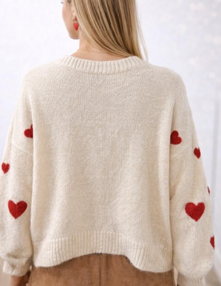 Pull femme " Amour " crème à cœurs relief rouges - Pull maille douce