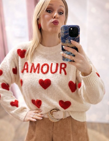 Pull femme " Amour " crème à cœurs...