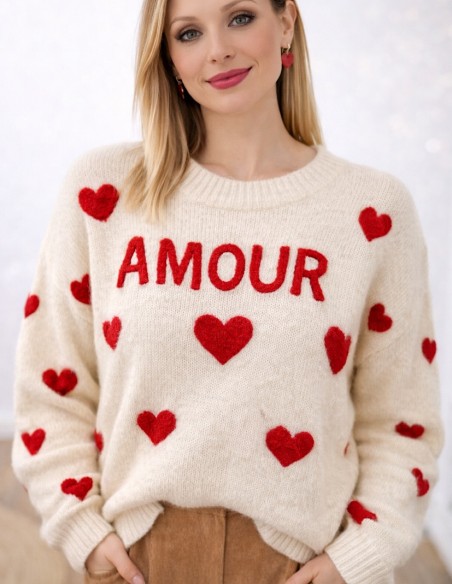 Pull femme " Amour " crème à cœurs relief rouges - Pull maille douce