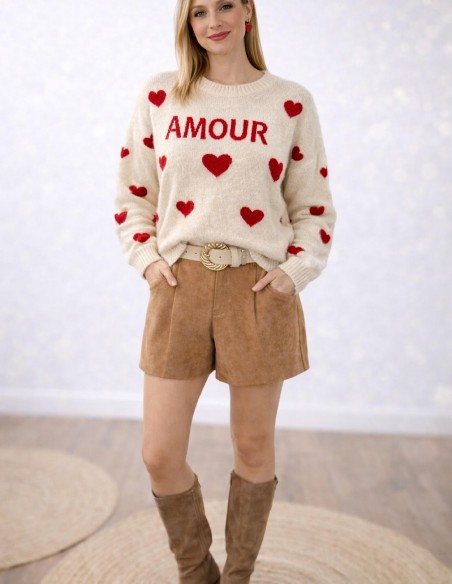 Pull femme " Amour " crème à cœurs relief rouges - Pull maille douce