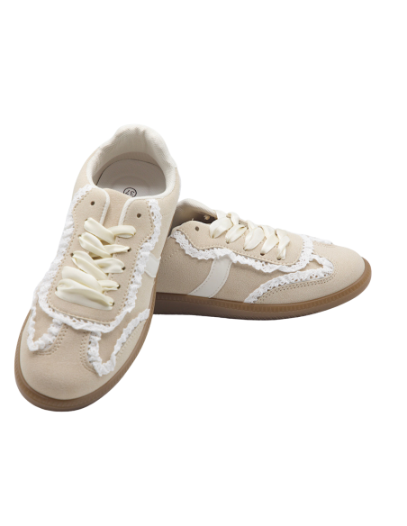 Baskets femme beige en suédine avec dentelle - sneakers mode et confort semelle gomme