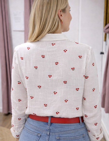 Chemise femme en gaze de coton blanche imprimé cerises - légère et respirante du S au XL