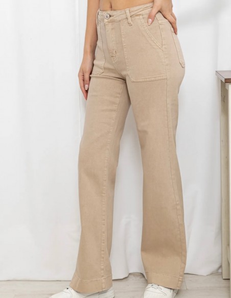 Jean large beige taille haute femme - Coupe évasée wideleg bootcut chic et confortable