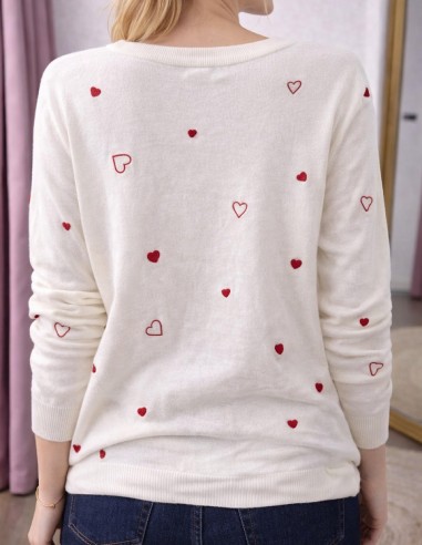 Pull fin blanc femme à cœurs brodés...