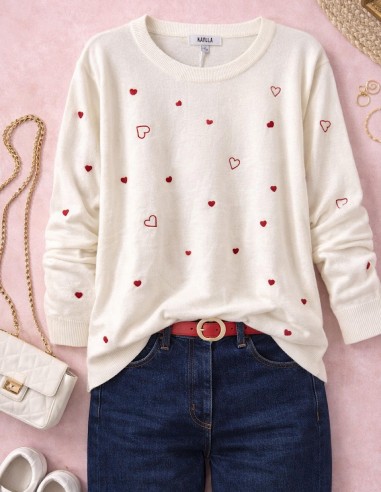 Pull fin blanc femme à cœurs brodés...