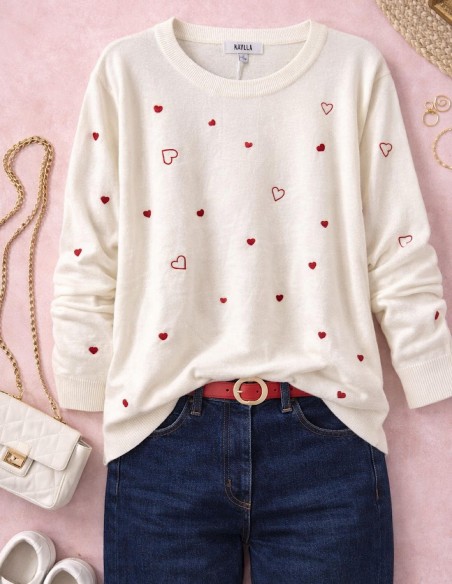 Pull fin blanc femme à cœurs brodés rouges - maille douce style romantique