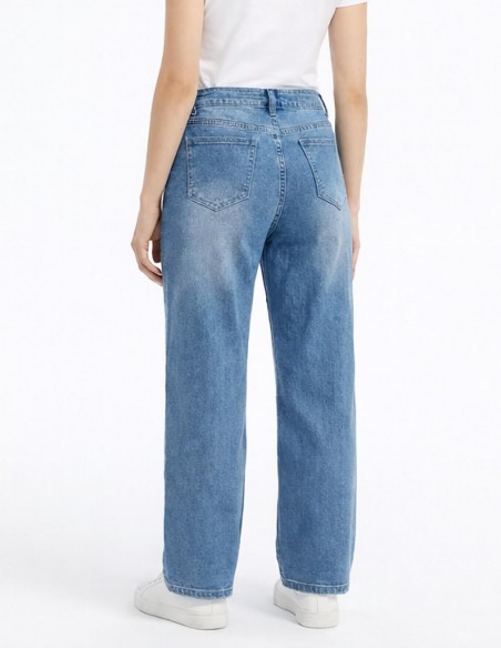 Jean large femme taille haute bleu clair avec fleurs brodées coupe évasé tendance