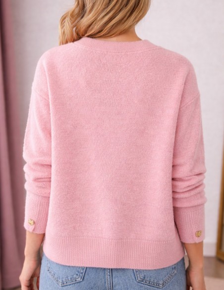 Gilet femme doux mi-saison boutons cœurs dorés & motif cœur léopard