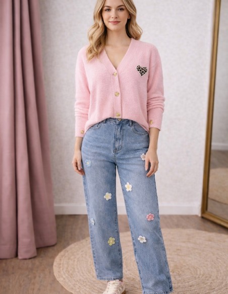 Gilet femme doux mi-saison boutons cœurs dorés & motif cœur léopard