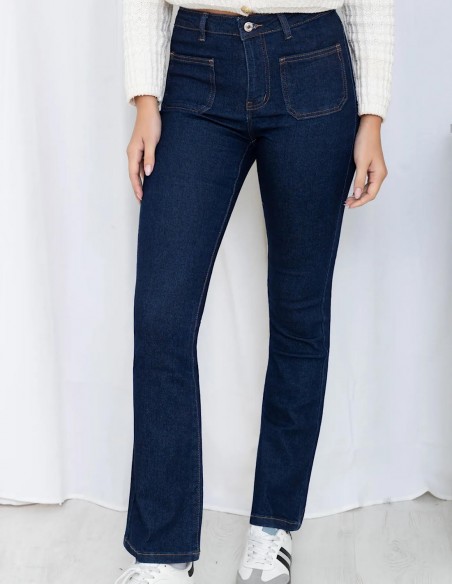 Jean bootcut taille haute femme en denim brut foncé - Coupe évasé spéciale "petites"