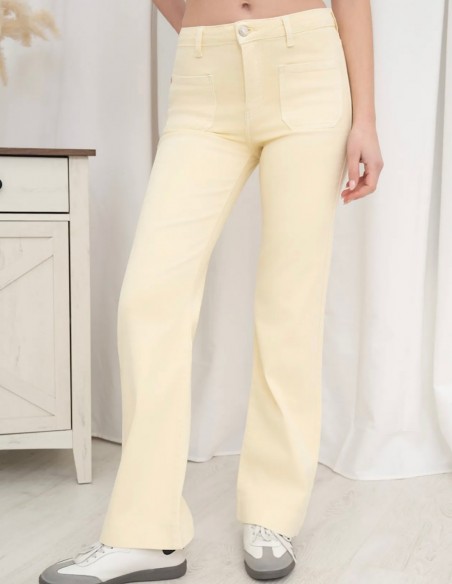 Jean femme évasé stretch taille haute jaune pastel ultra confort