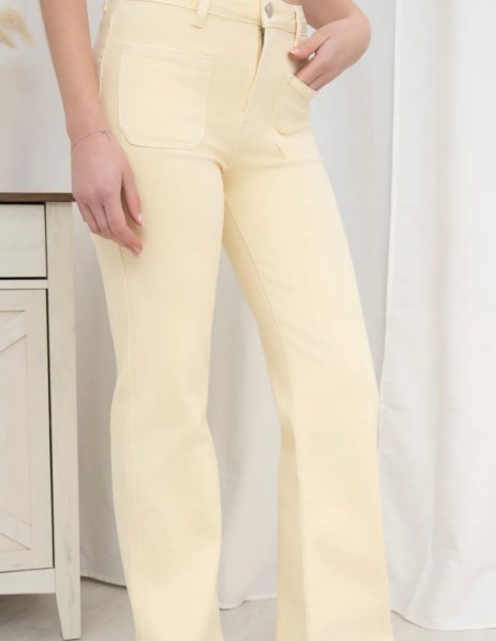 Jean femme évasé stretch taille haute jaune pastel ultra confort