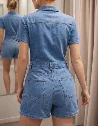 Combishort en jean bleu clair femme à...