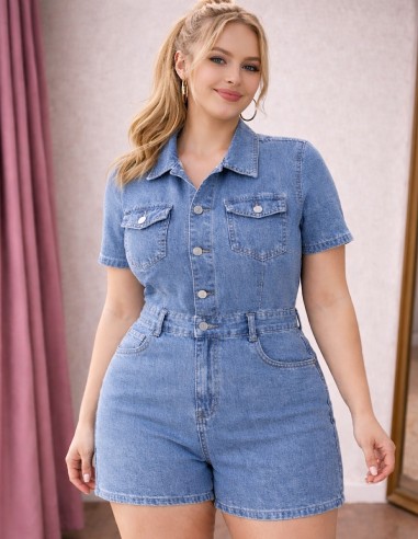 Combishort en jean bleu clair femme à...