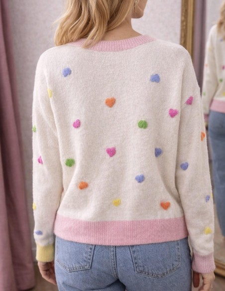 Pull Femme Blanc à Motifs Cœurs Colorés - Maille Douce Col Rond Coupe Confort Tendance Printemps Eté du 34 au 40