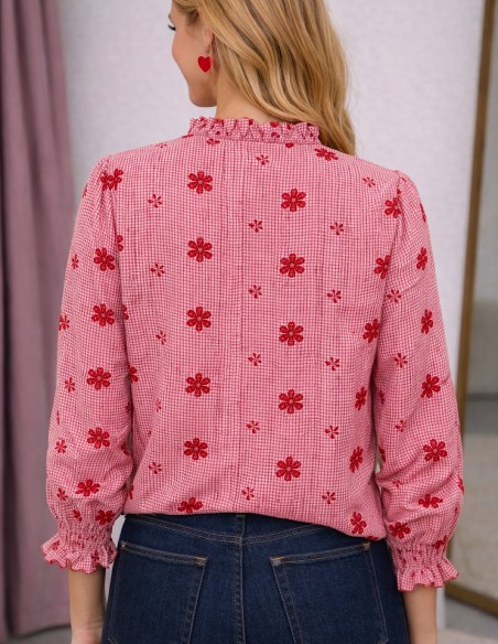 Blouse femme vichy volantée à fleurs brodées en coton du 34 au 50