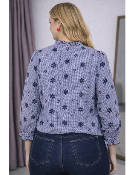 Blouse femme vichy volantée à fleurs brodées en coton du 34 au 50