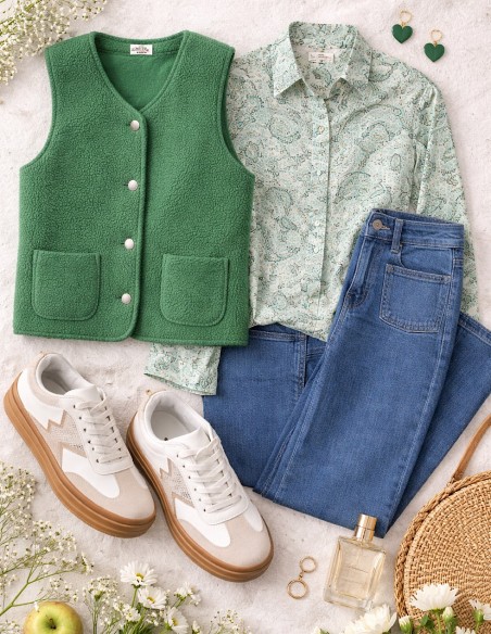 idée de look avec chemisier femme motif cachemire vert et bleu et gilet sans manche sherpa assorti