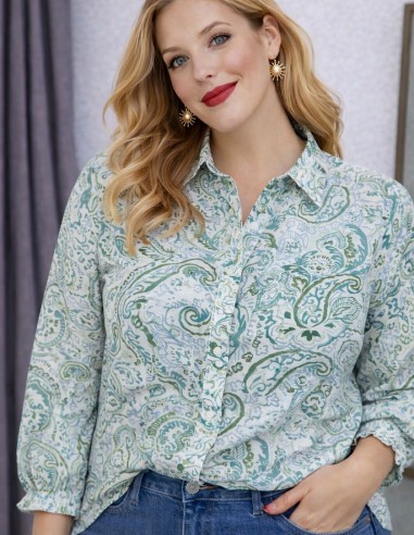 chemisier femme grande taille imprimé vert et bleu motif cachemire