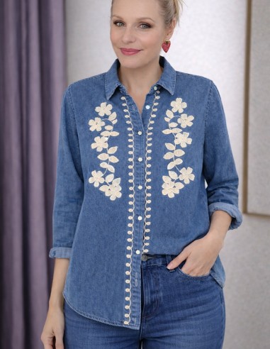 Chemise en jean femme coton brodé -...