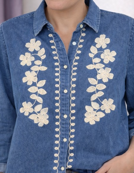 Chemise en jean femme coton brodé - Blouse denim bleu à motif fleurs 34 au 42