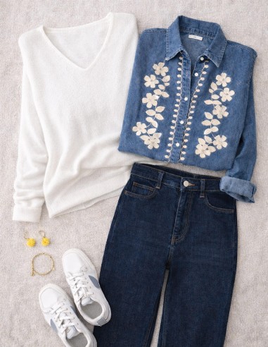 Chemise en jean femme coton brodé -...