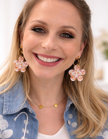 Boucles d'oreilles fleur en résine imprimé floral - créoles acier inoxydable doré