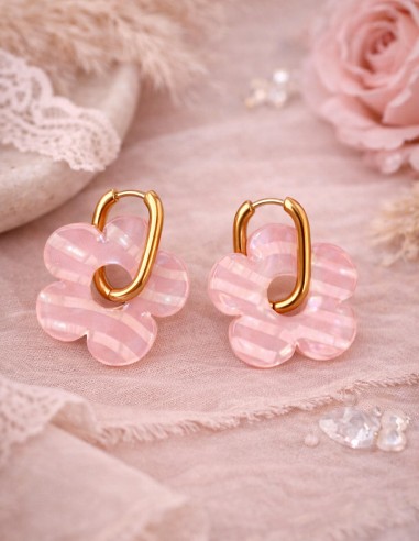 boucles d'oreilles fleurs bohème rose en résine et acier inoxydable