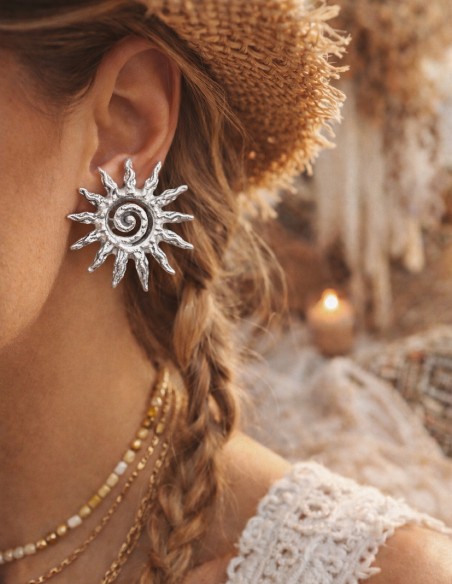 Boucles d'oreilles puces Soleil Bohème en acier inoxydable doré ou argenté