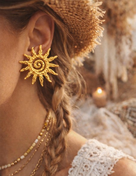 Boucles d'oreilles puces Soleil Bohème en acier inoxydable doré ou argenté