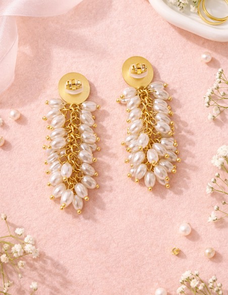Boucles d'oreilles pendantes dorées à perles fantaisies en acier inoxydable chic & élégantes
