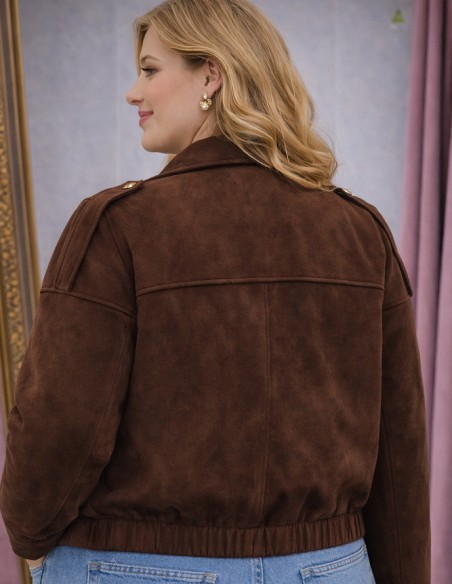 Veste femme en suédine marron chocolat style bombers fermeture zip du 36 au 50