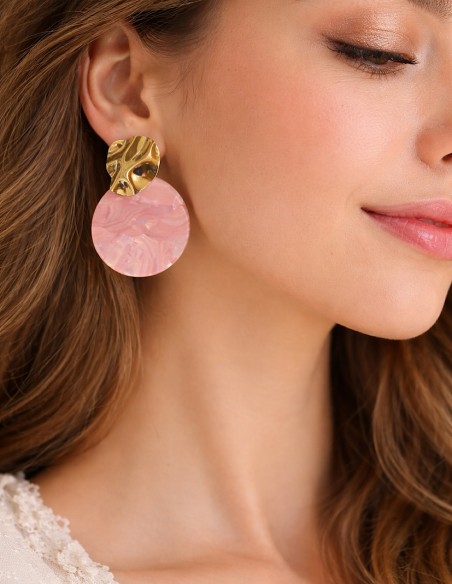 Boucles d'oreilles pendantes design en résine marbrée et doré - Bijoux femme acier inoxydable