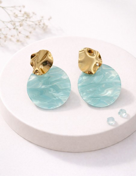 Boucles d'oreilles pendantes design en résine marbrée et doré - Bijoux femme acier inoxydable