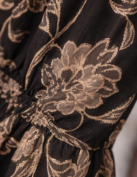 Robe courte cintrée noir fleurie doré irisé - Manches longues - Coupe portefeuille élégante