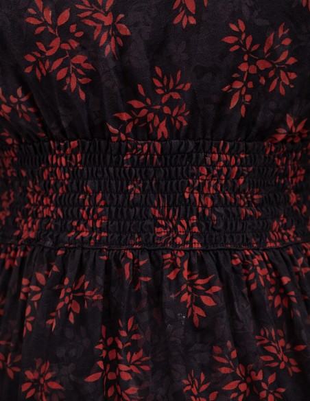 Robe noire fleurie rouge femme - robe cache cœur manches longues avec smock dos et taille marquée